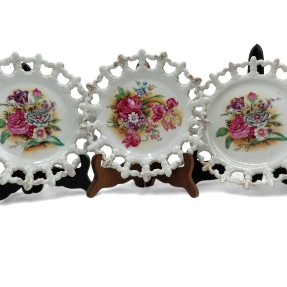 ESD Japan Reticulated Floral Ceramic Plates Set of 3 Vintage 8" - Picture 4 of 13
